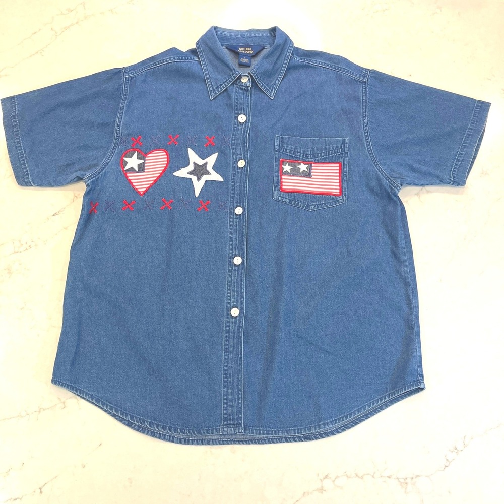 Natural Impressions VTG Patriotic Button Up Top Womens L Blue Americana Stars